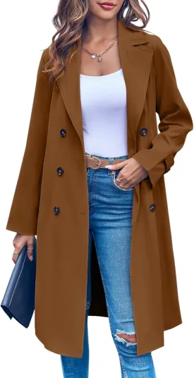 Ladiyo Women's Double Breasted 3/4 Long Trench Coat Elegant Windproof Lapel Belted Overcoat