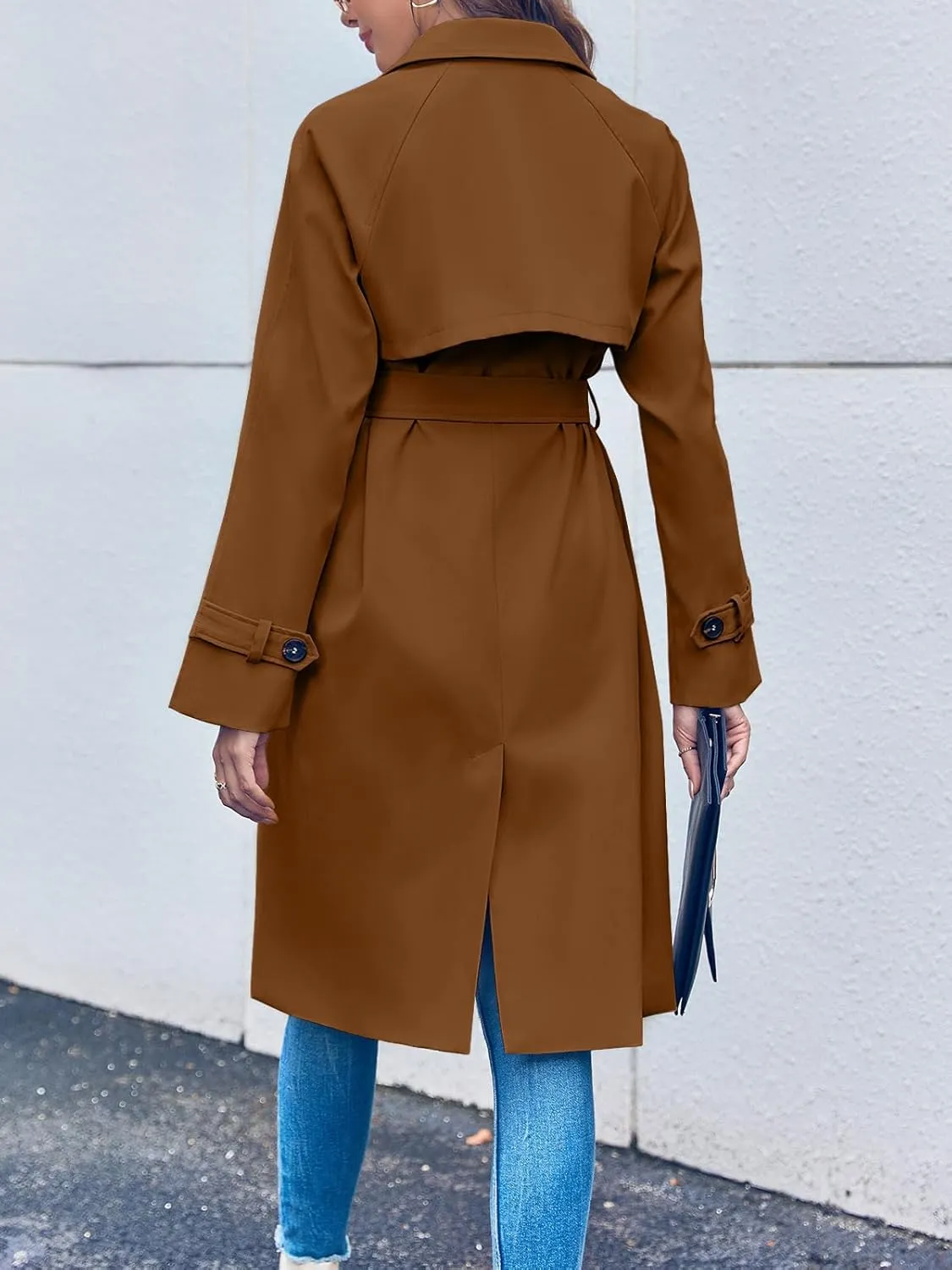 Ladiyo Women's Double Breasted 3/4 Long Trench Coat Elegant Windproof Lapel Belted Overcoat