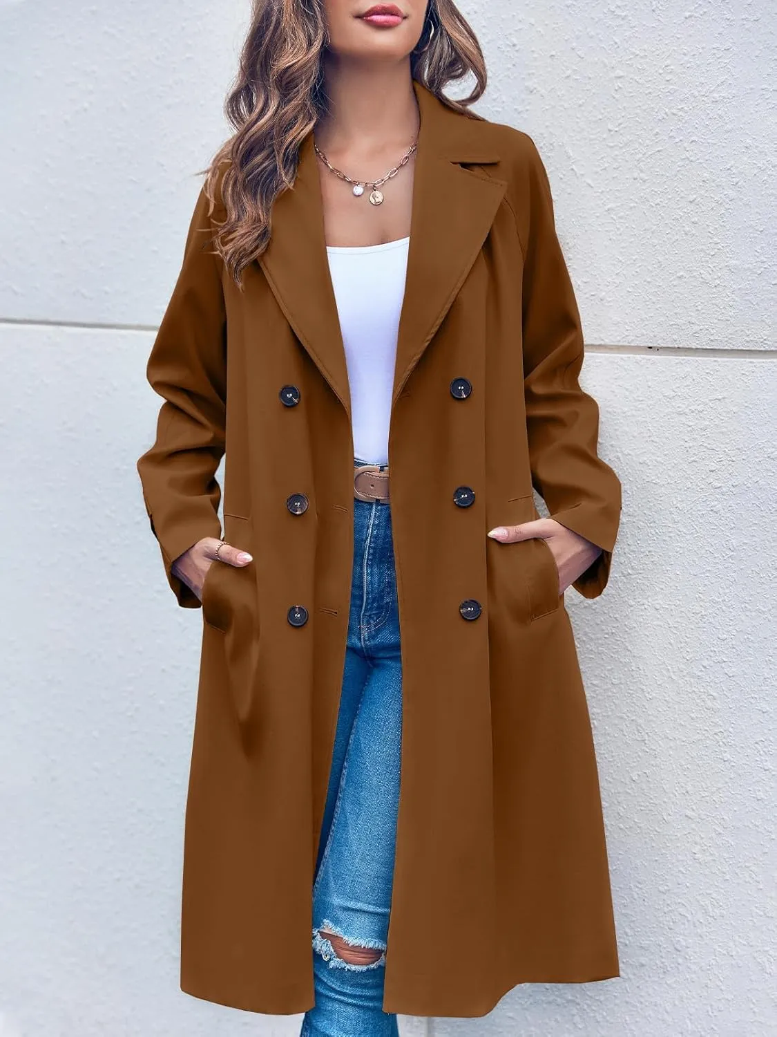 Ladiyo Women's Double Breasted 3/4 Long Trench Coat Elegant Windproof Lapel Belted Overcoat