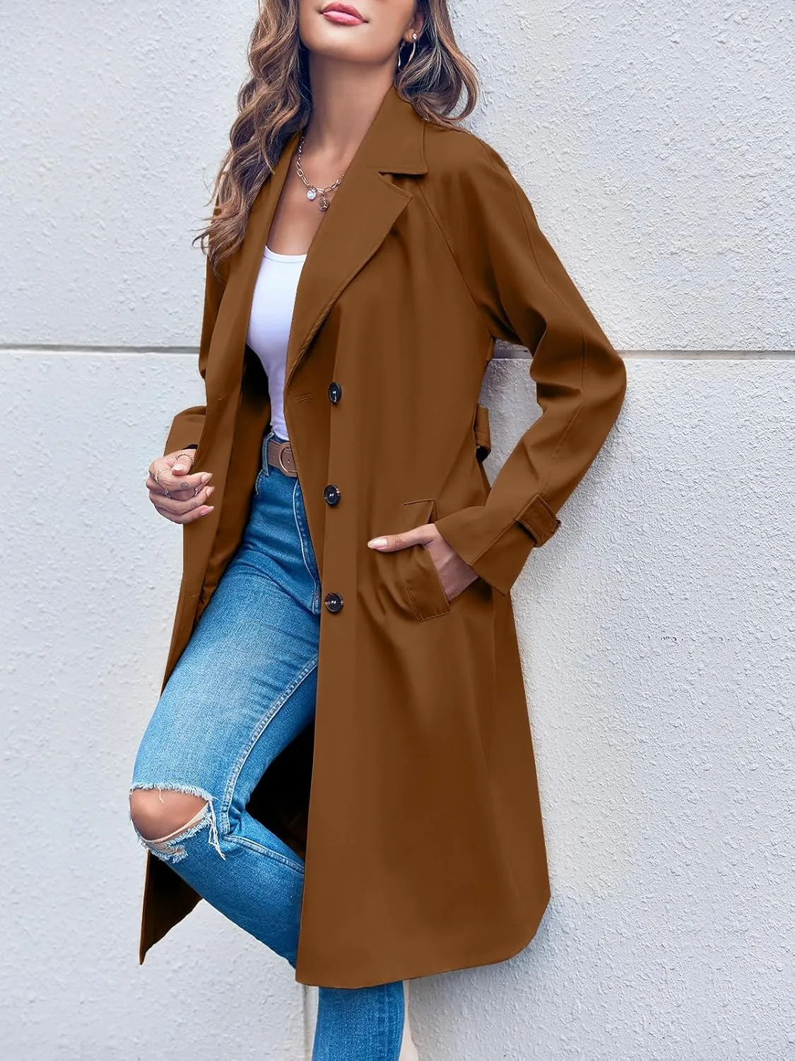 Ladiyo Women's Double Breasted 3/4 Long Trench Coat Elegant Windproof Lapel Belted Overcoat