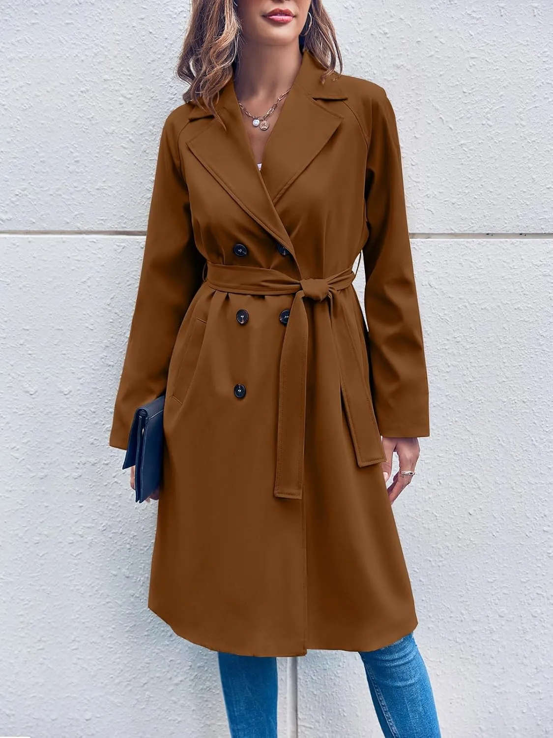 Ladiyo Women's Double Breasted 3/4 Long Trench Coat Elegant Windproof Lapel Belted Overcoat