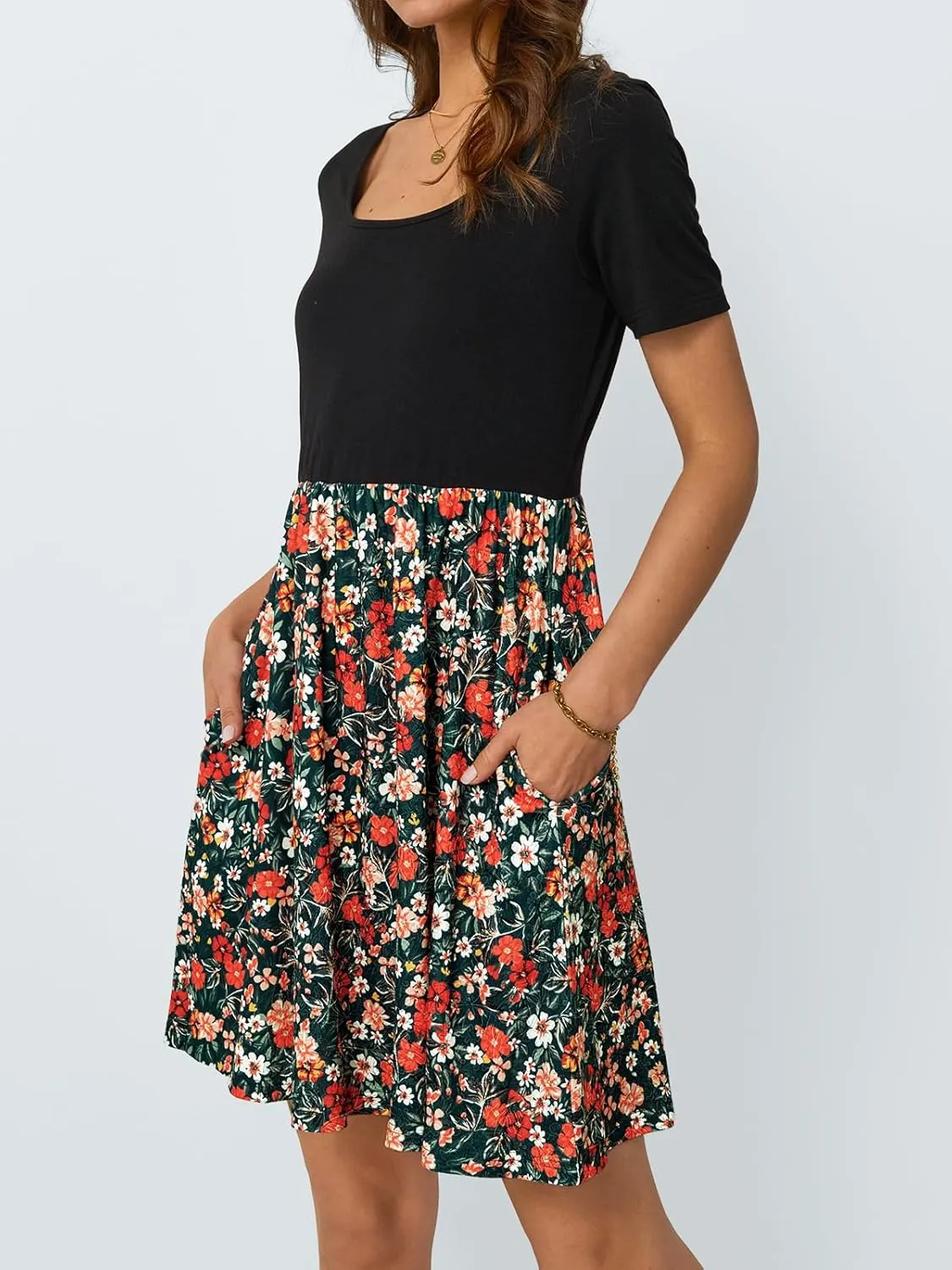 LILLUSORY Womens Scoop Neck Short Sleeve Floral Mini Dress with Pockets