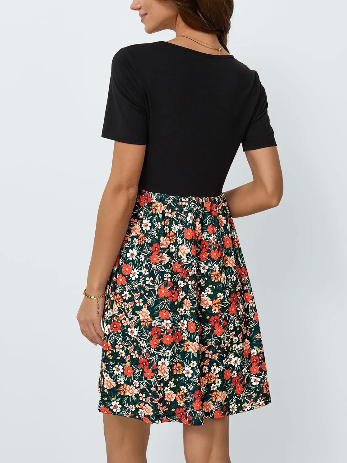 LILLUSORY Womens Scoop Neck Short Sleeve Floral Mini Dress with Pockets