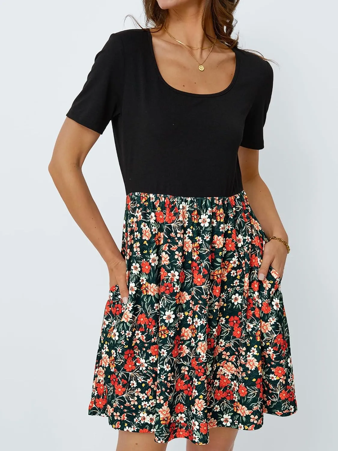 LILLUSORY Womens Scoop Neck Short Sleeve Floral Mini Dress with Pockets