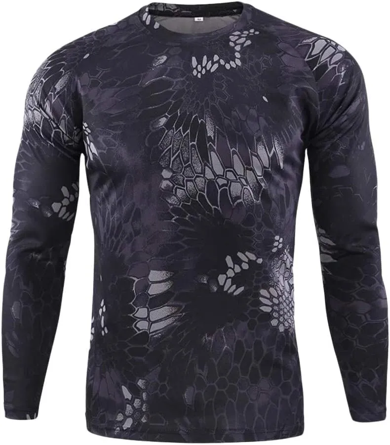 Long Sleeve Camo T-Shirt for Men Military Camouflage Athletic Compression Shirt Workout Gym Sports Quick Dry Hiking Shirts