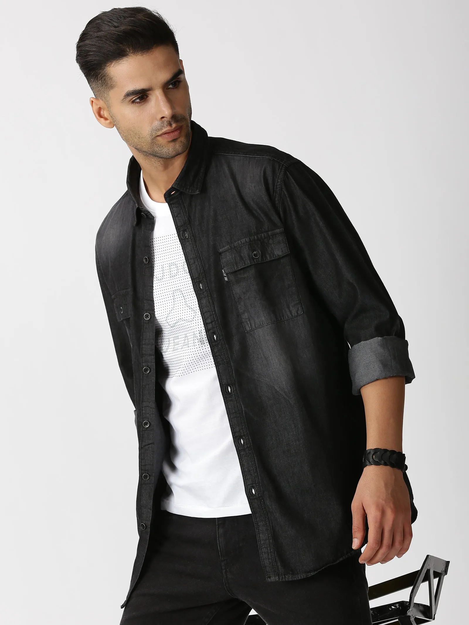 MEN'S BLACK DENIM SLIM FIT SHIRT