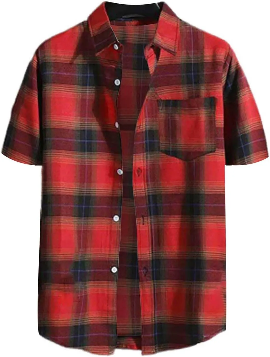 Mens Casual Checked Plaid Button Down T-Shirt Fashion Short Sleeve Work Travel Tops Lightweight Cotton Running Tops