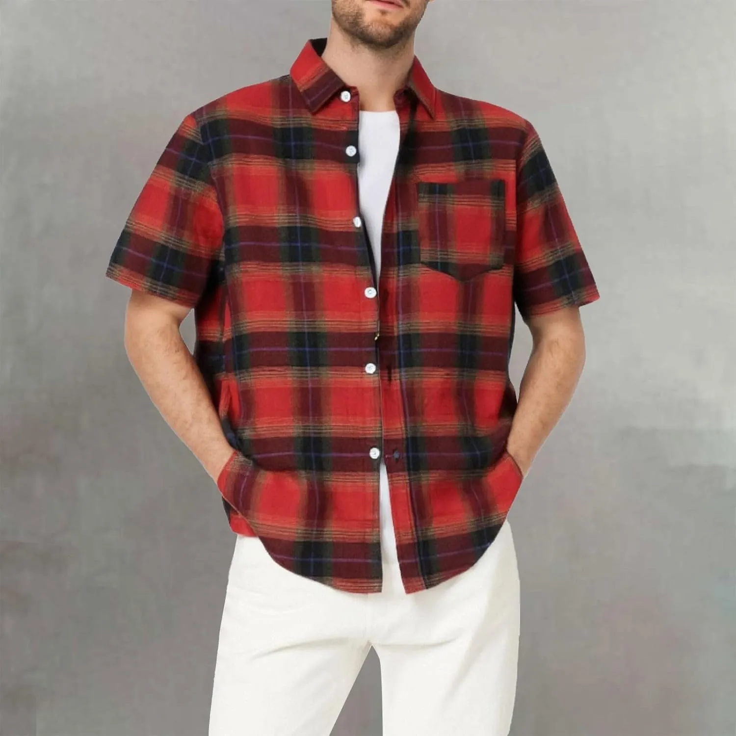 Mens Casual Checked Plaid Button Down T-Shirt Fashion Short Sleeve Work Travel Tops Lightweight Cotton Running Tops