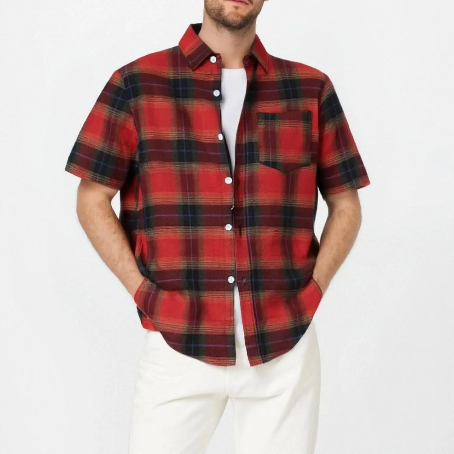 Mens Casual Checked Plaid Button Down T-Shirt Fashion Short Sleeve Work Travel Tops Lightweight Cotton Running Tops