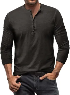 Mens Casual Long Sleeve Henley Shirt Classic Stretch Slim Fit Button Active Sports Gym Hiking T-Shirt