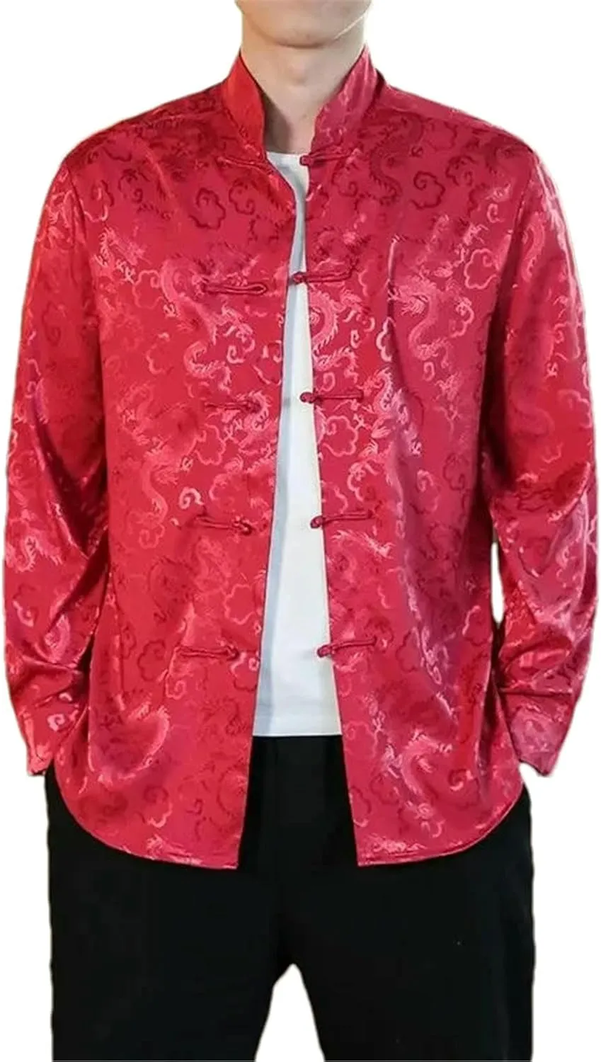 Men's Chinese Tang Suit Shirt Dragon Brocade Traditional Mandarin Collar Kung Fu Coat for Festival or Casual Wear