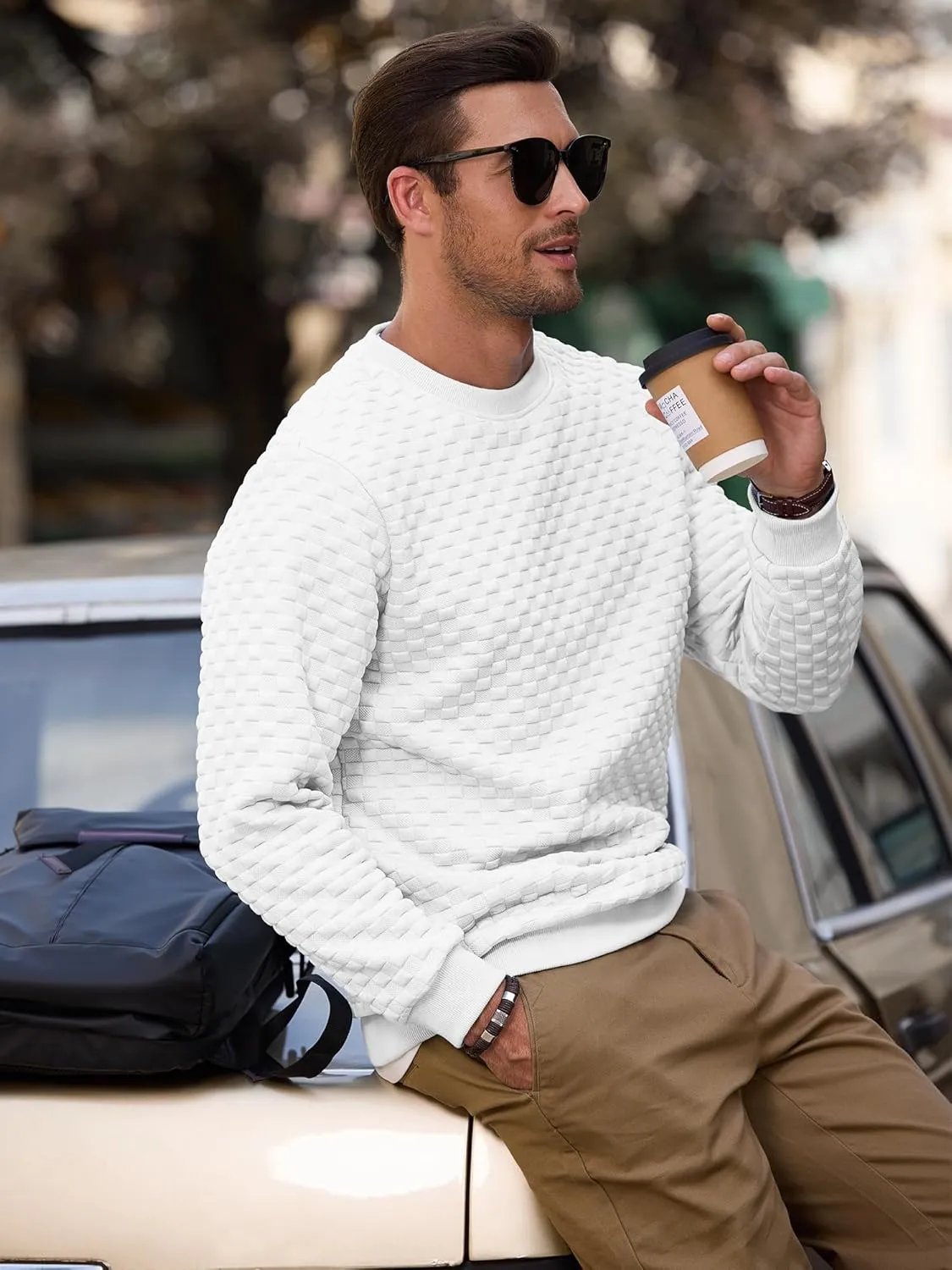 Men's Crewneck Sweatshirts Solid Color Checkered 3D Texture Long Sleeve Casual Basics Pullover Shirt