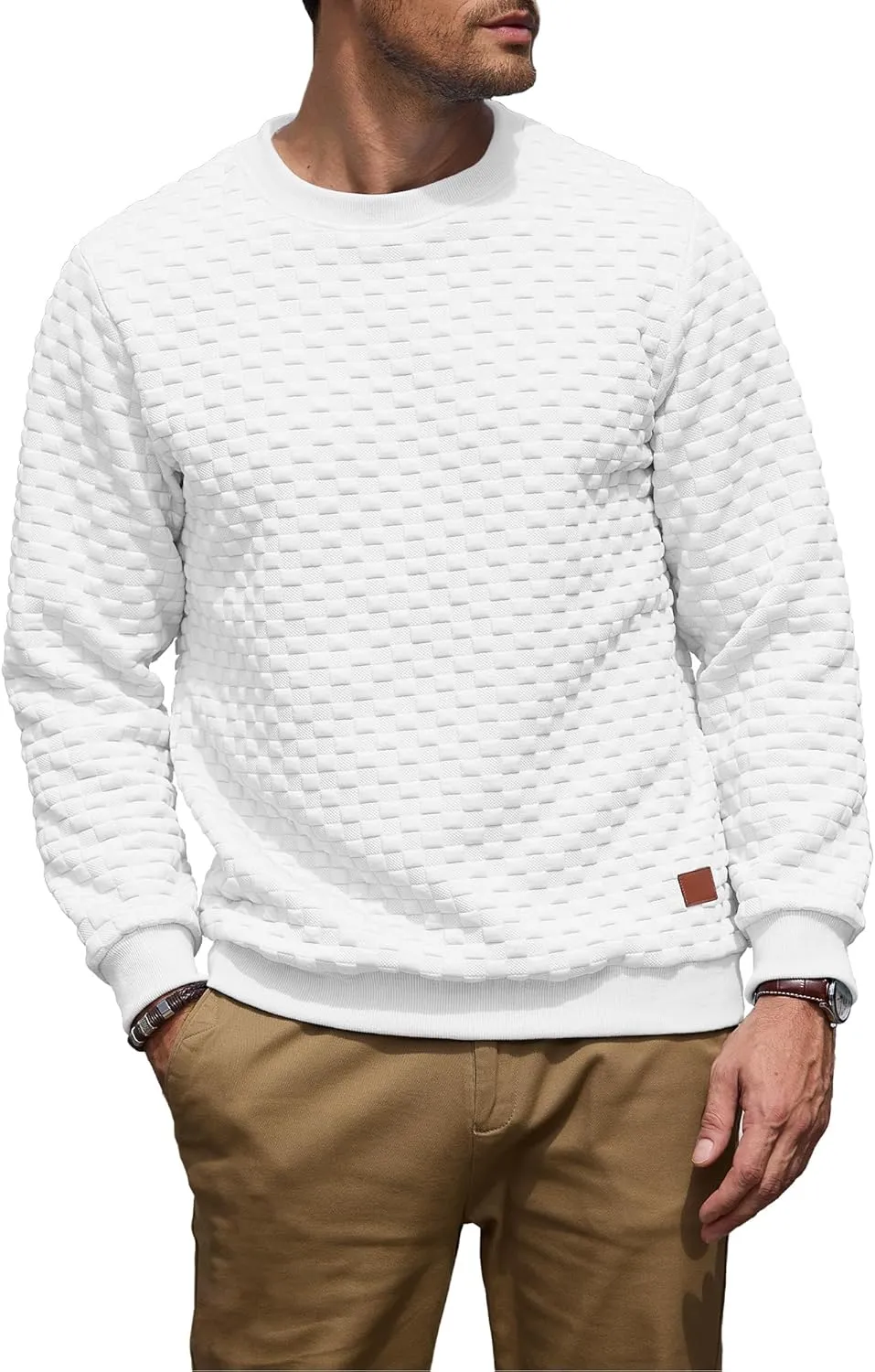Men's Crewneck Sweatshirts Solid Color Checkered 3D Texture Long Sleeve Casual Basics Pullover Shirt