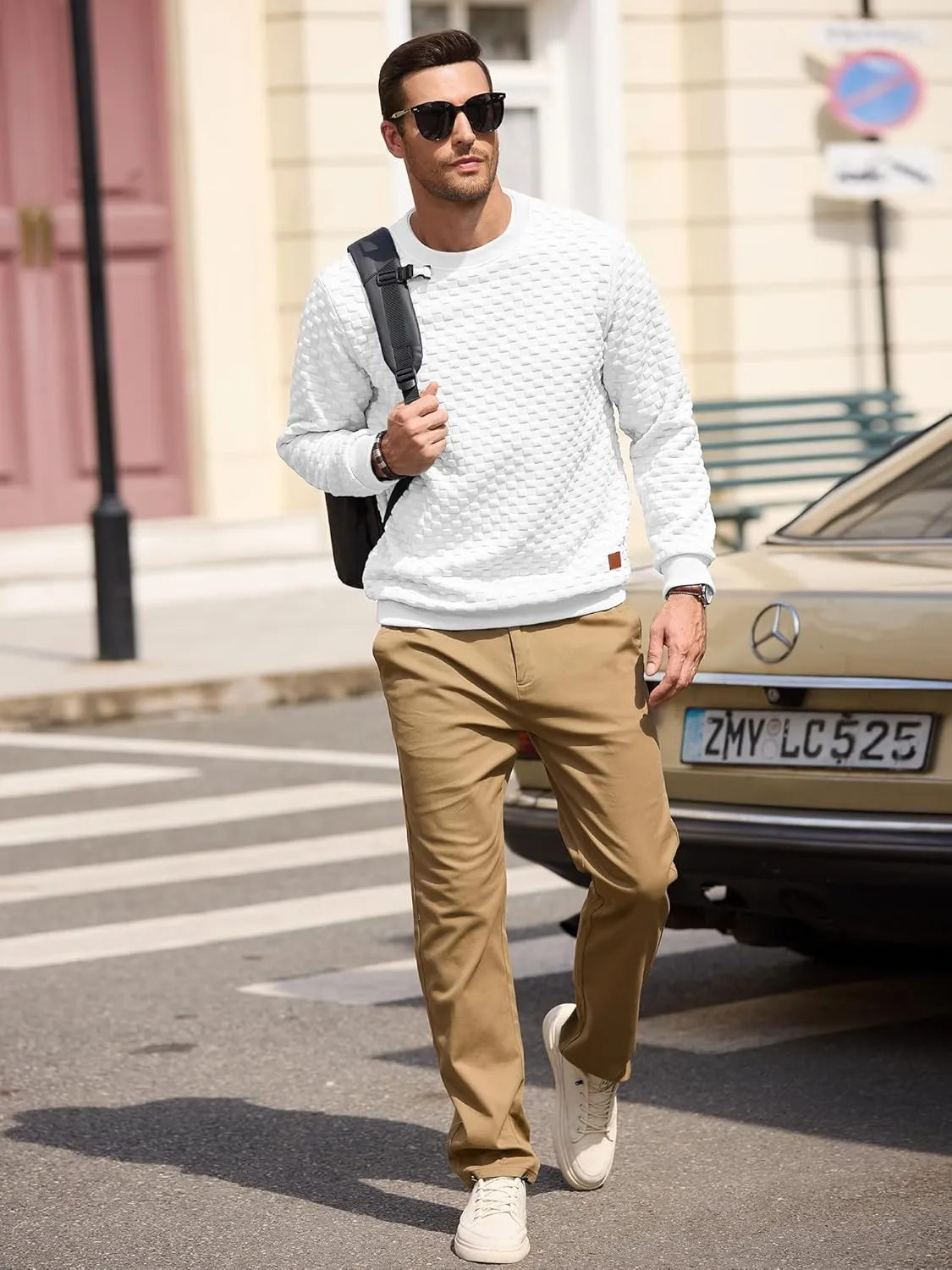 Men's Crewneck Sweatshirts Solid Color Checkered 3D Texture Long Sleeve Casual Basics Pullover Shirt