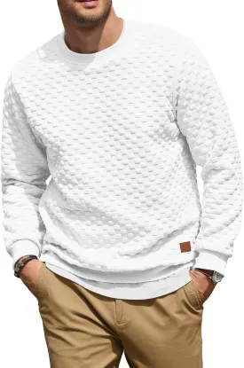 Men's Crewneck Sweatshirts Solid Color Checkered 3D Texture Long Sleeve Casual Basics Pullover Shirt