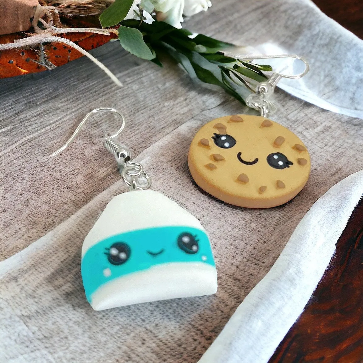 Milk and Cookies Earrings - Handmade Earrings, Milk and Cookies, Handmade Jewelry, We Go Together Like, Chocolate Chip Cookie, Food Earrings
