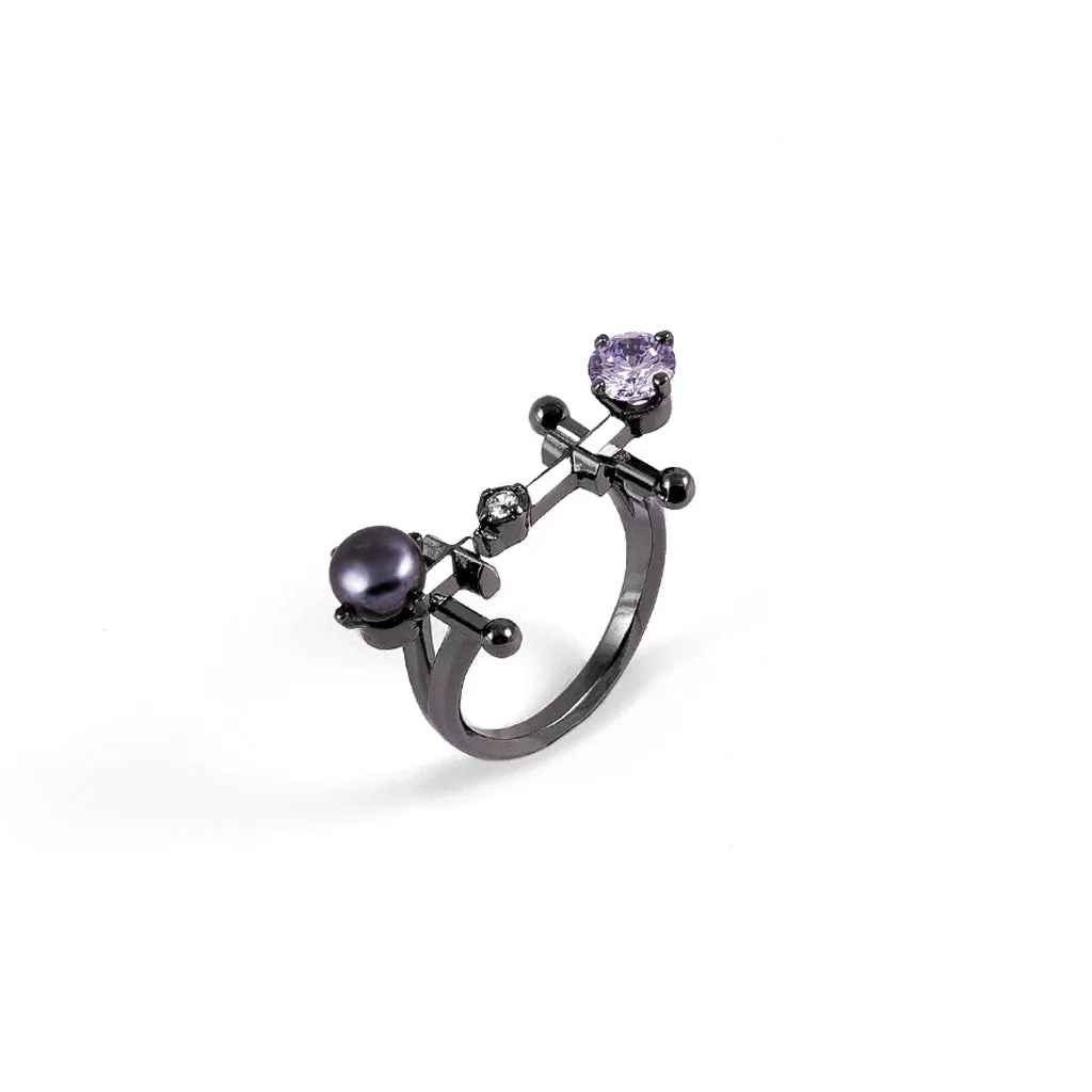 Mini Gems X Pearl Ring [Black gold]
