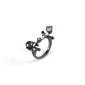 Mini Gems X Pearl Ring [Black gold]