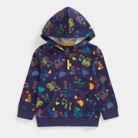 Navy Vehicle Printed Hooded Jacket