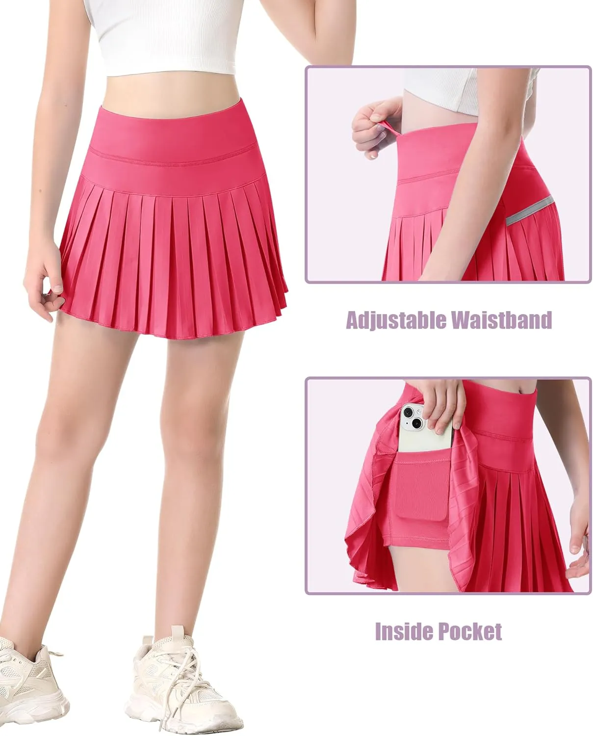 QooNoo Girls Skorts Tennis Skirts for Girls Pleated Athletic Skirt with Pockets Toddler High Waist Cheer Skirt Built-in Short