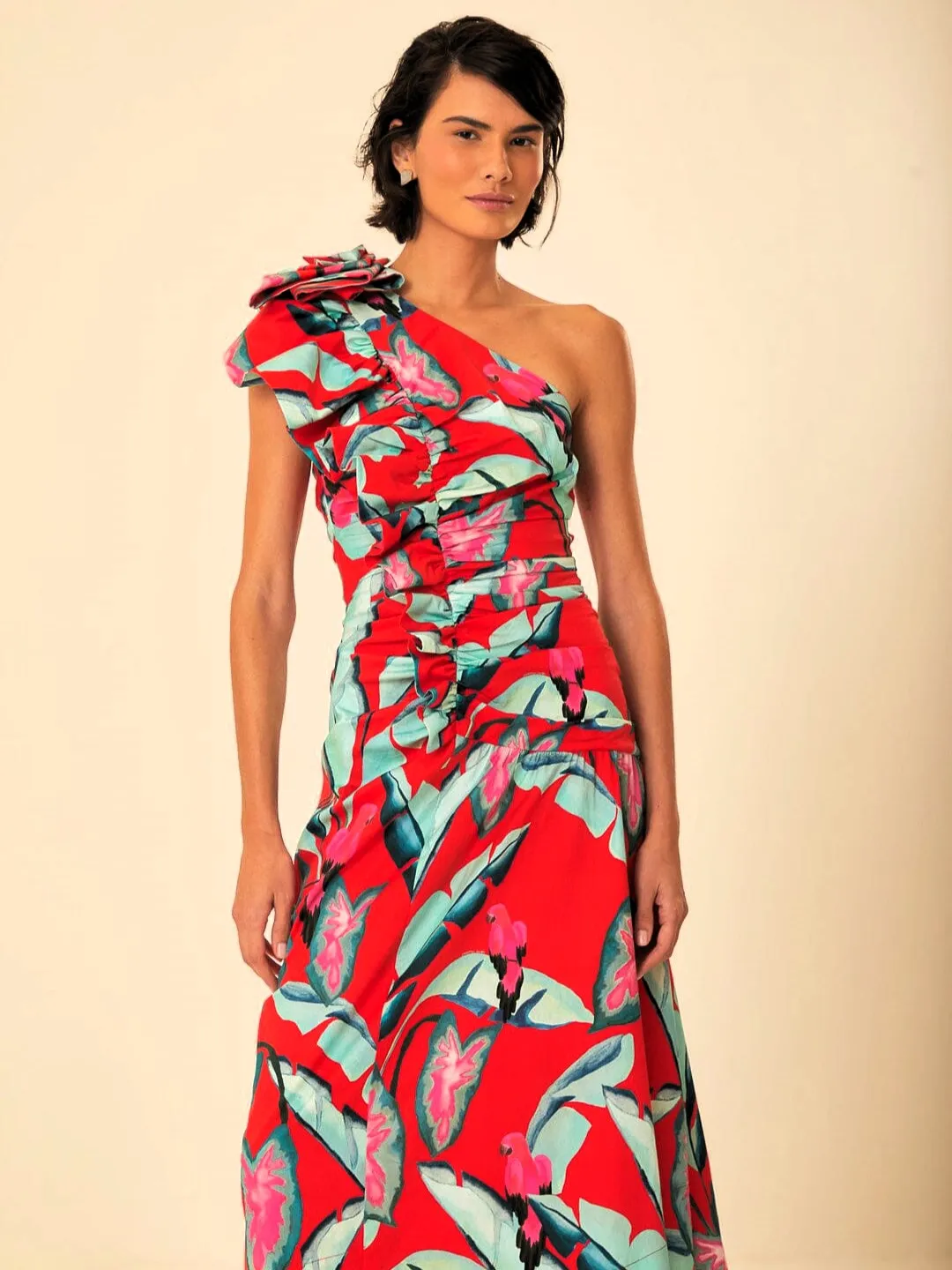 Red Summer Foliage One Shoulder Maxi Dress