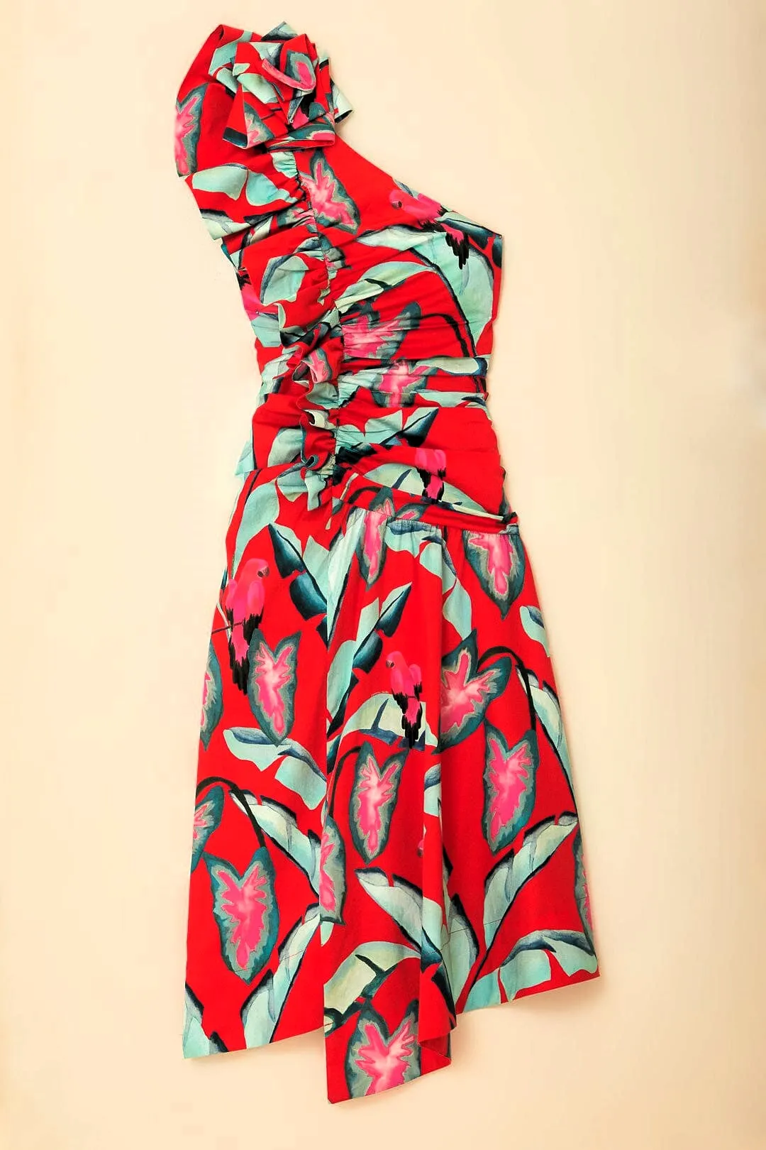 Red Summer Foliage One Shoulder Maxi Dress