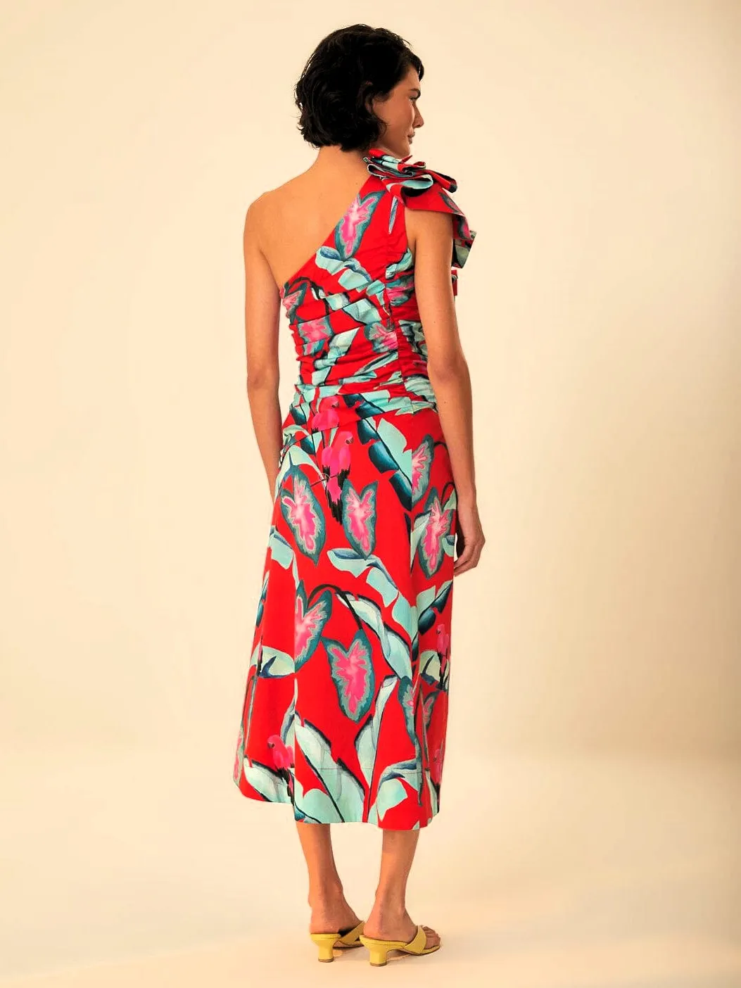 Red Summer Foliage One Shoulder Maxi Dress