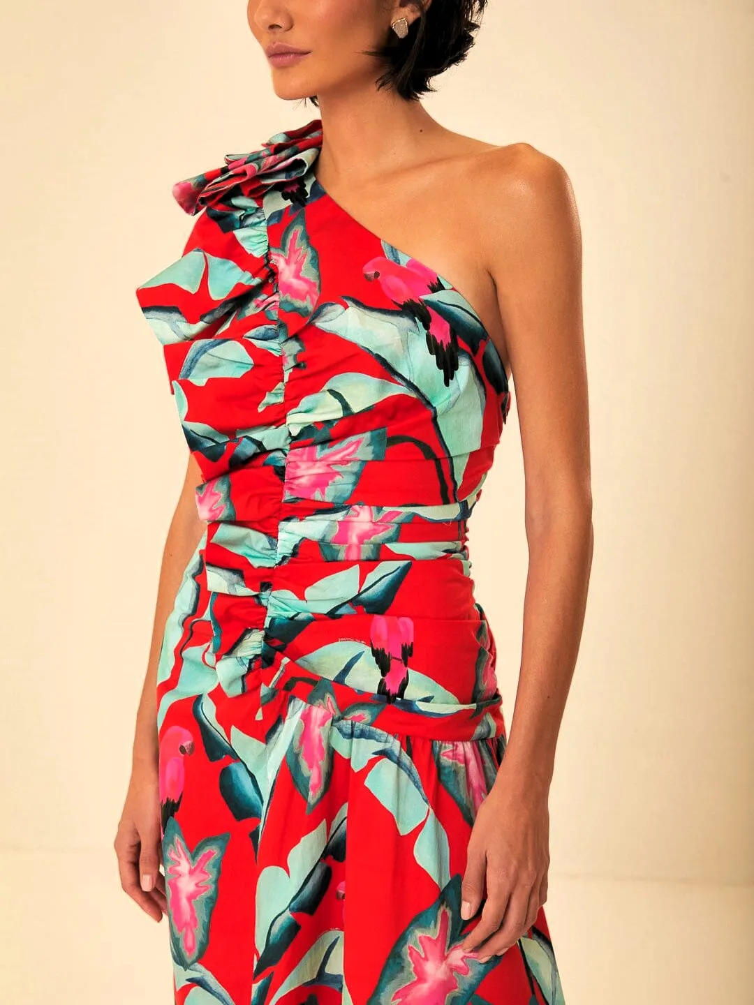 Red Summer Foliage One Shoulder Maxi Dress