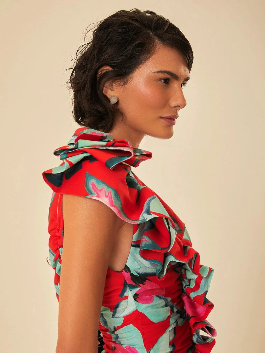 Red Summer Foliage One Shoulder Maxi Dress