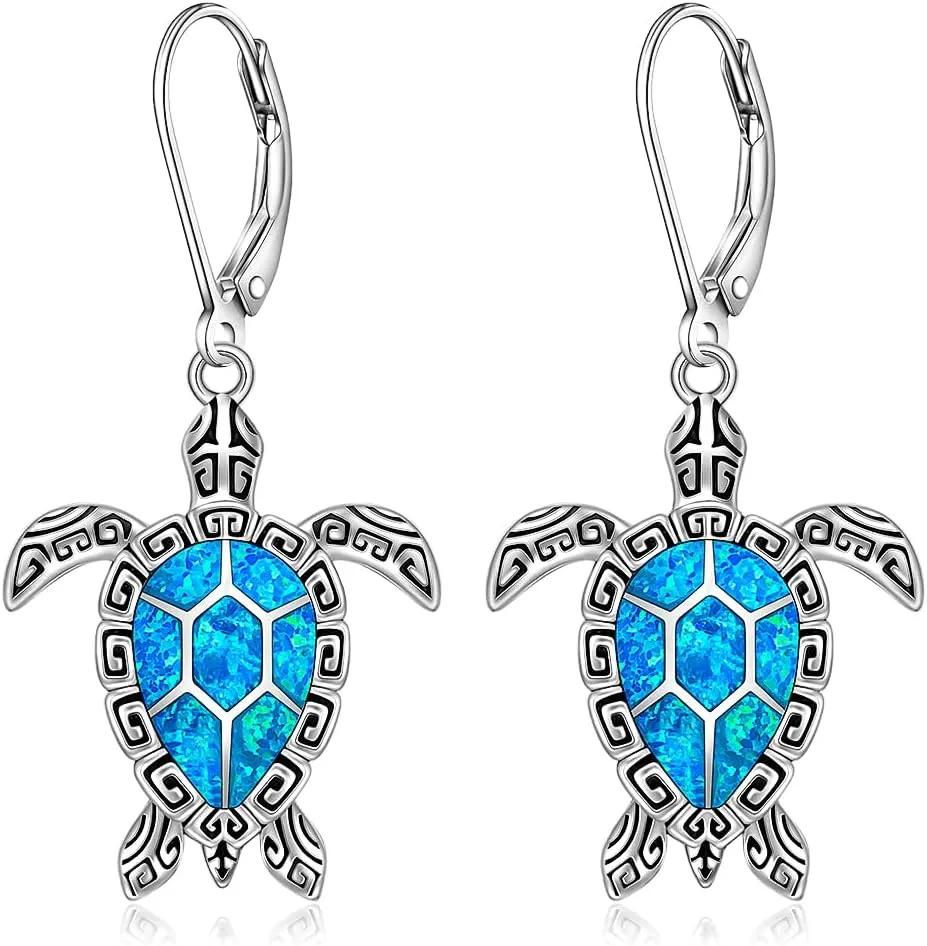 Sea Turtle Earrings Sterling Silver Blue Opal Sea Turtle Earrings Gifts for Women Studs Leverback Dangle Drop Ocean Jewelry