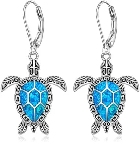 Sea Turtle Earrings Sterling Silver Blue Opal Sea Turtle Earrings Gifts for Women Studs Leverback Dangle Drop Ocean Jewelry