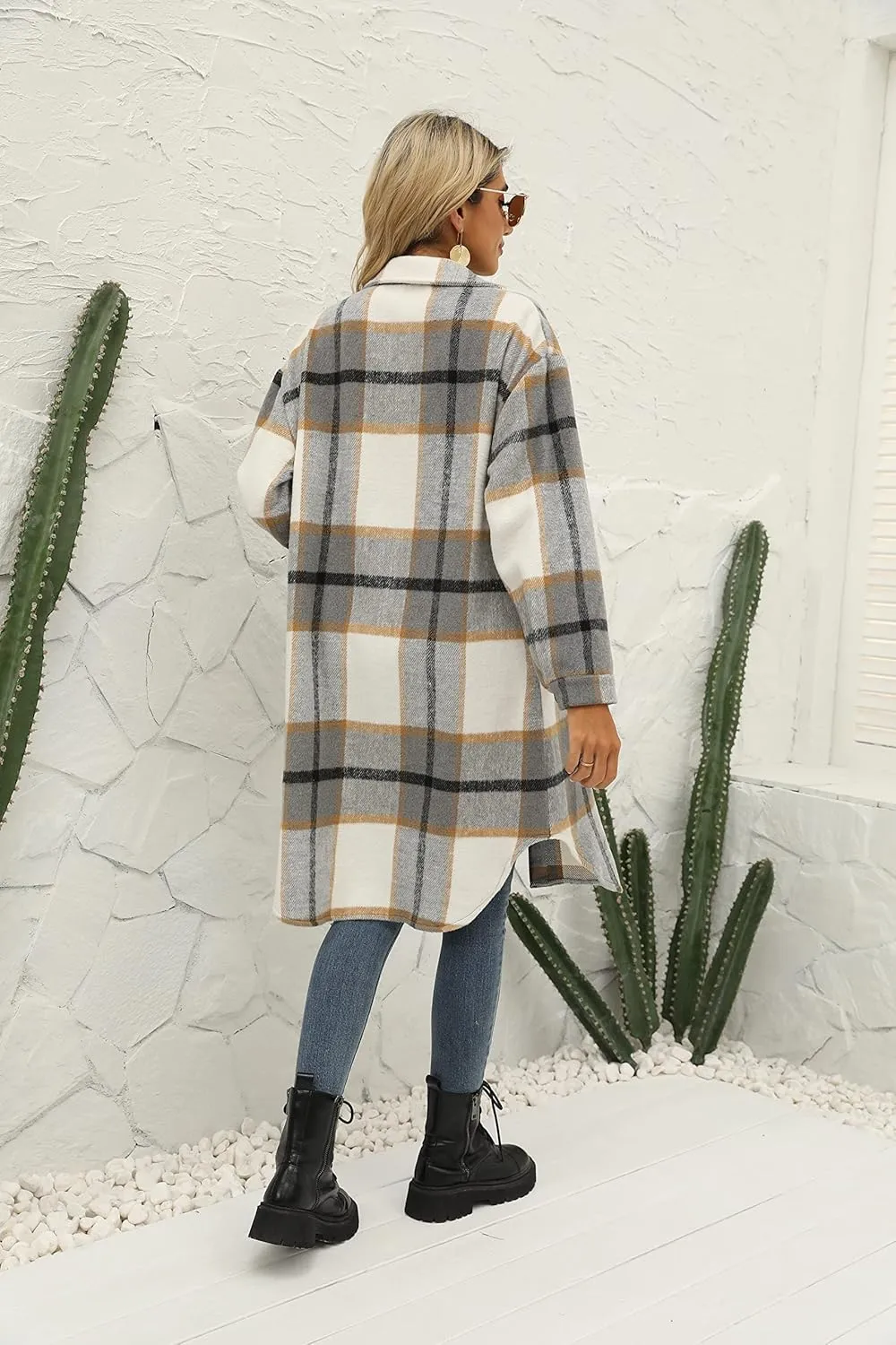 SeekMe Women's Oversized Flannel Plaid Shacket Jacket Flap Pocket Lapel Button Down Long Shirt Jackets