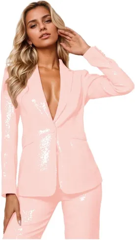 Sequin Womens Suit 2 Piece Set Dressy Sexy V Neck Wedding Tuxedos Glitter Sparkly Blazer Pants Prom Party Outfit