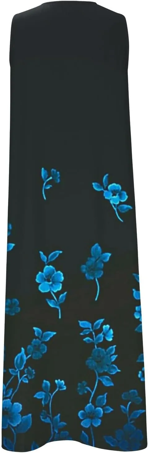 SMIDOW Womens Summer Casual Dress Fashion Floral Printed Elegant Sleeveless V-Neck Long Dress with Pockets
