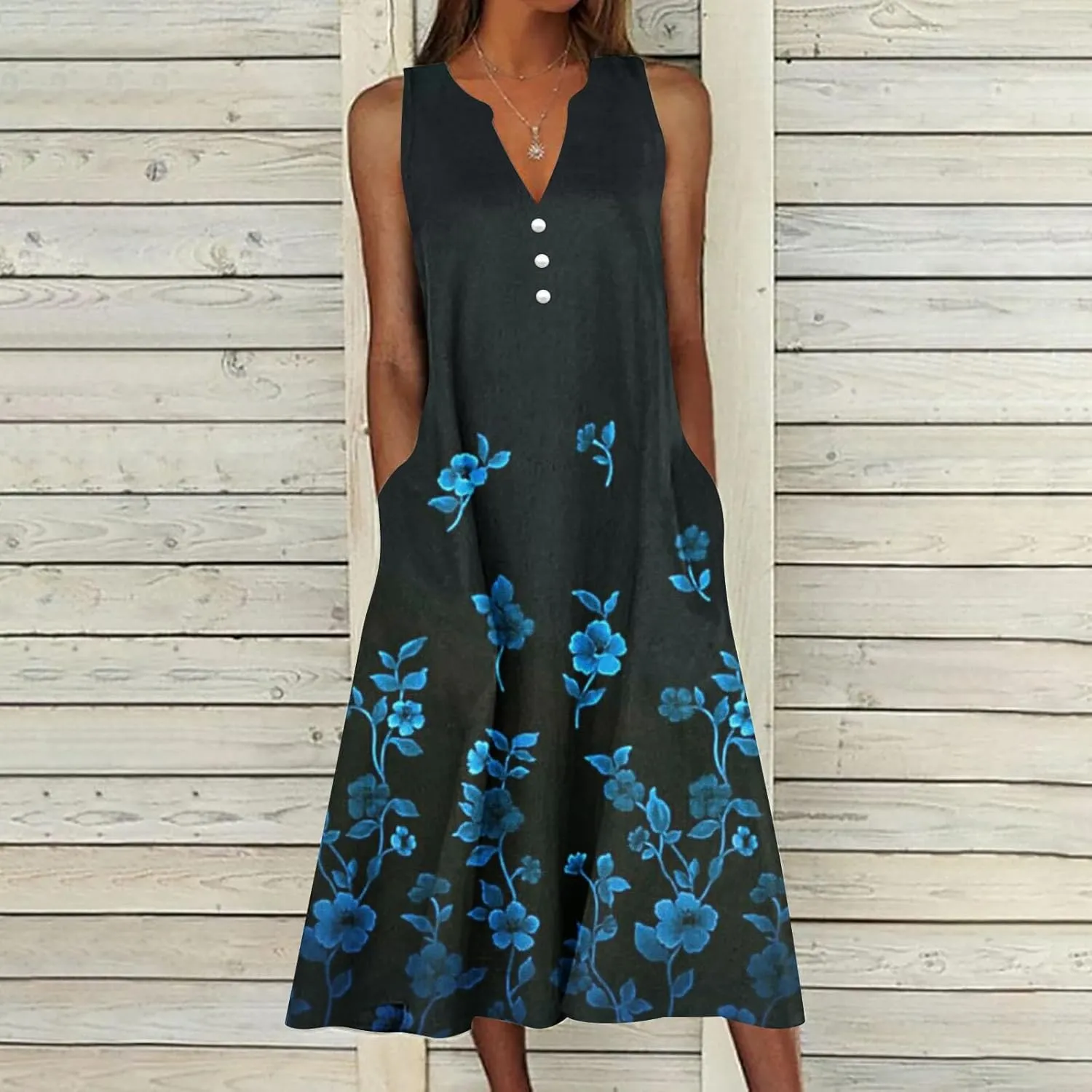 SMIDOW Womens Summer Casual Dress Fashion Floral Printed Elegant Sleeveless V-Neck Long Dress with Pockets