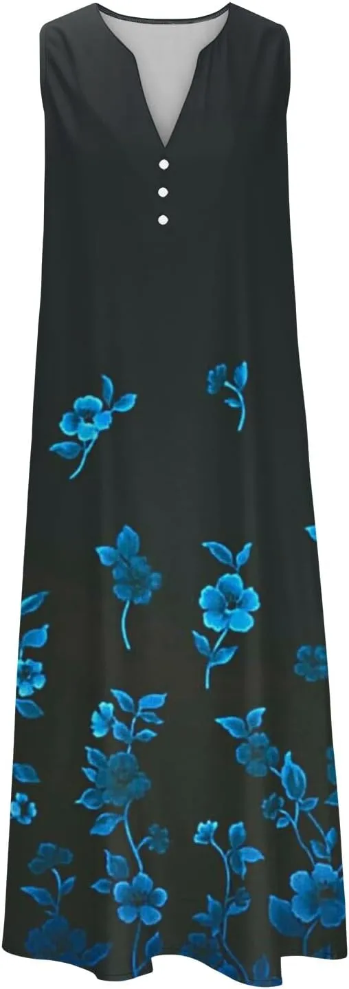 SMIDOW Womens Summer Casual Dress Fashion Floral Printed Elegant Sleeveless V-Neck Long Dress with Pockets