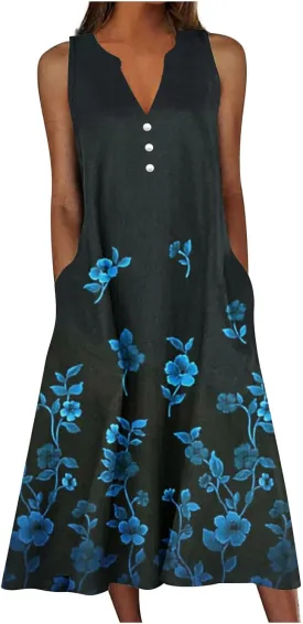 SMIDOW Womens Summer Casual Dress Fashion Floral Printed Elegant Sleeveless V-Neck Long Dress with Pockets