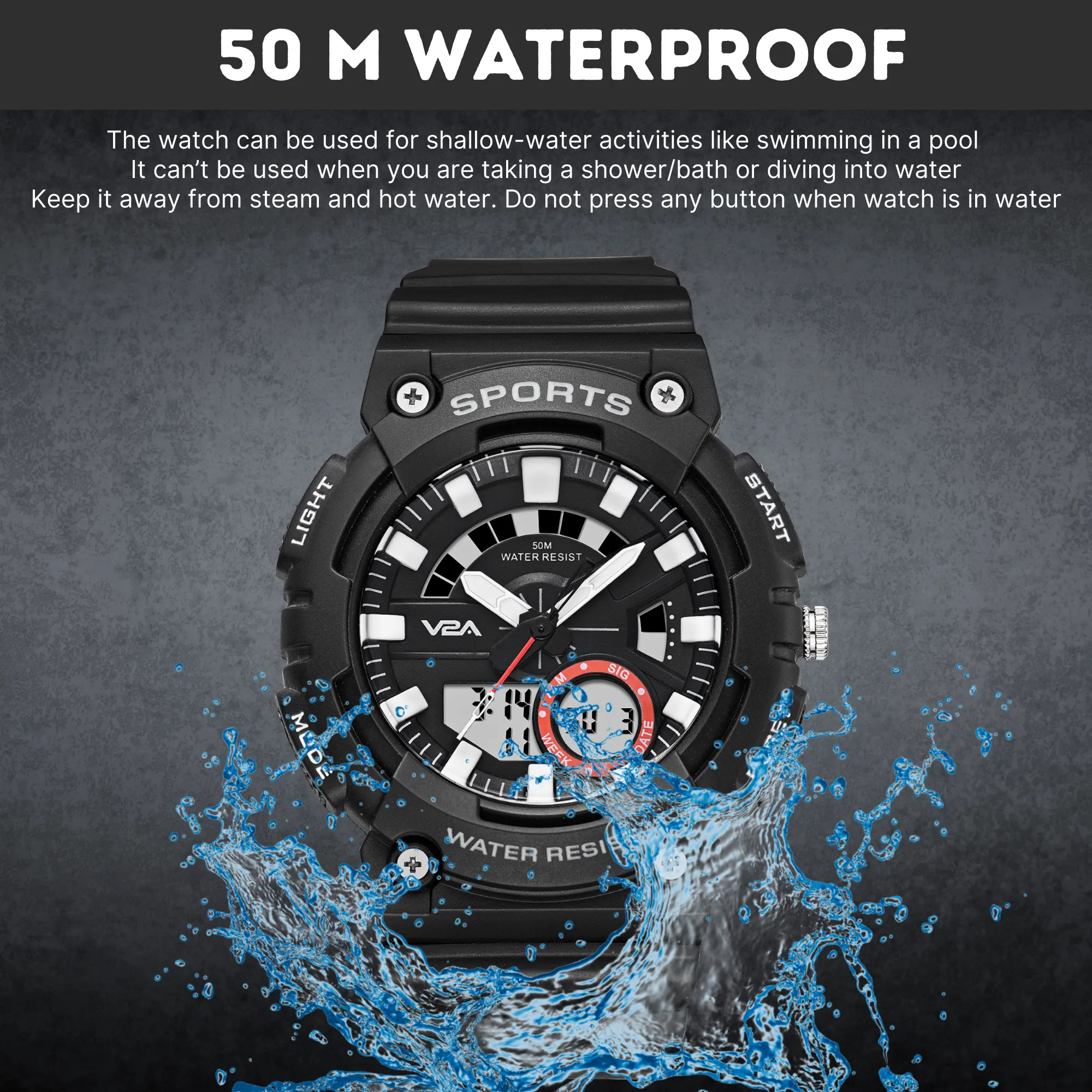 V2A Analog Digital Tough Black 5ATM Waterproof Sports Watch for Men and Boys