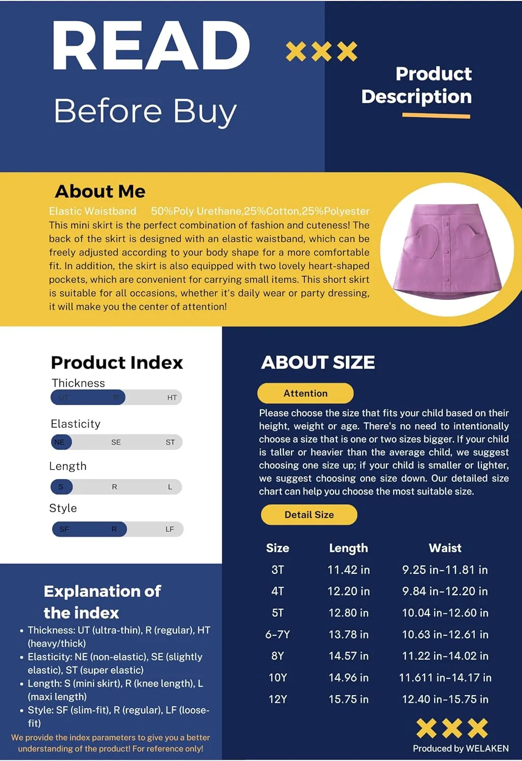WELAKEN Faux Leather Skirt for Girls Toddler & Kids II Girl's A Line Skirt with Two Front Pockets