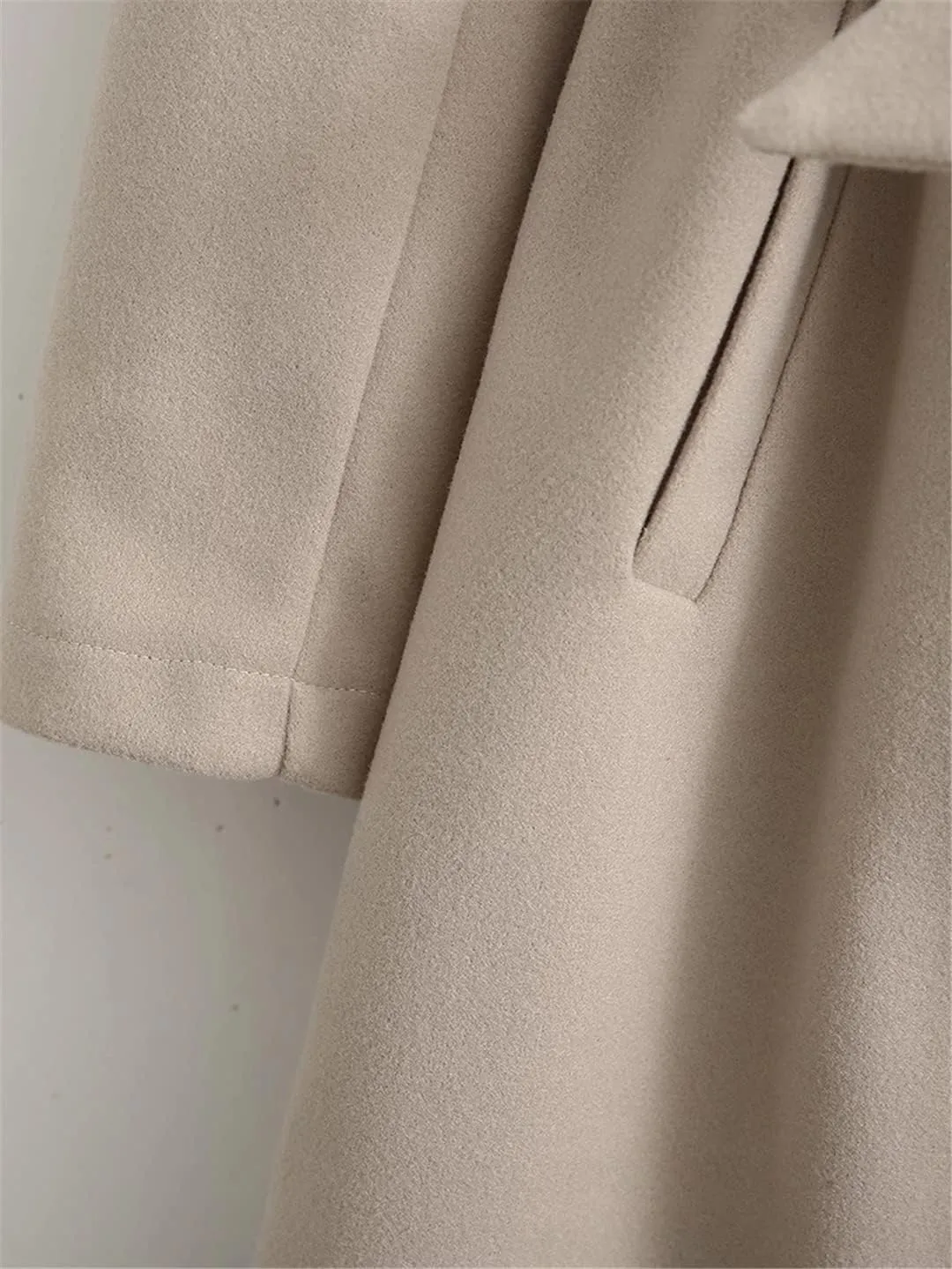 Woman Casual Jacket Autumn Winter Double Breasted Longline Loose Trench Coat Belted Hooded Overcoat Beige