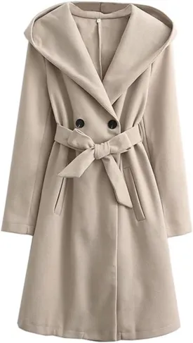 Woman Casual Jacket Autumn Winter Double Breasted Longline Loose Trench Coat Belted Hooded Overcoat Beige