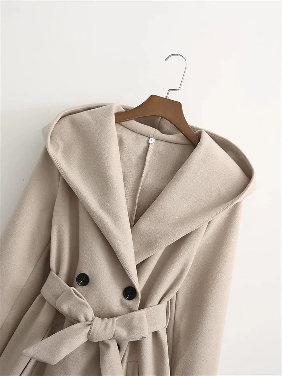 Woman Casual Jacket Autumn Winter Double Breasted Longline Loose Trench Coat Belted Hooded Overcoat Beige