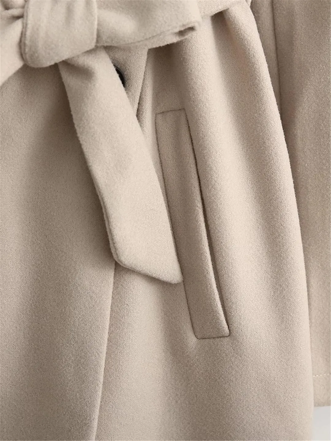 Woman Casual Jacket Autumn Winter Double Breasted Longline Loose Trench Coat Belted Hooded Overcoat Beige