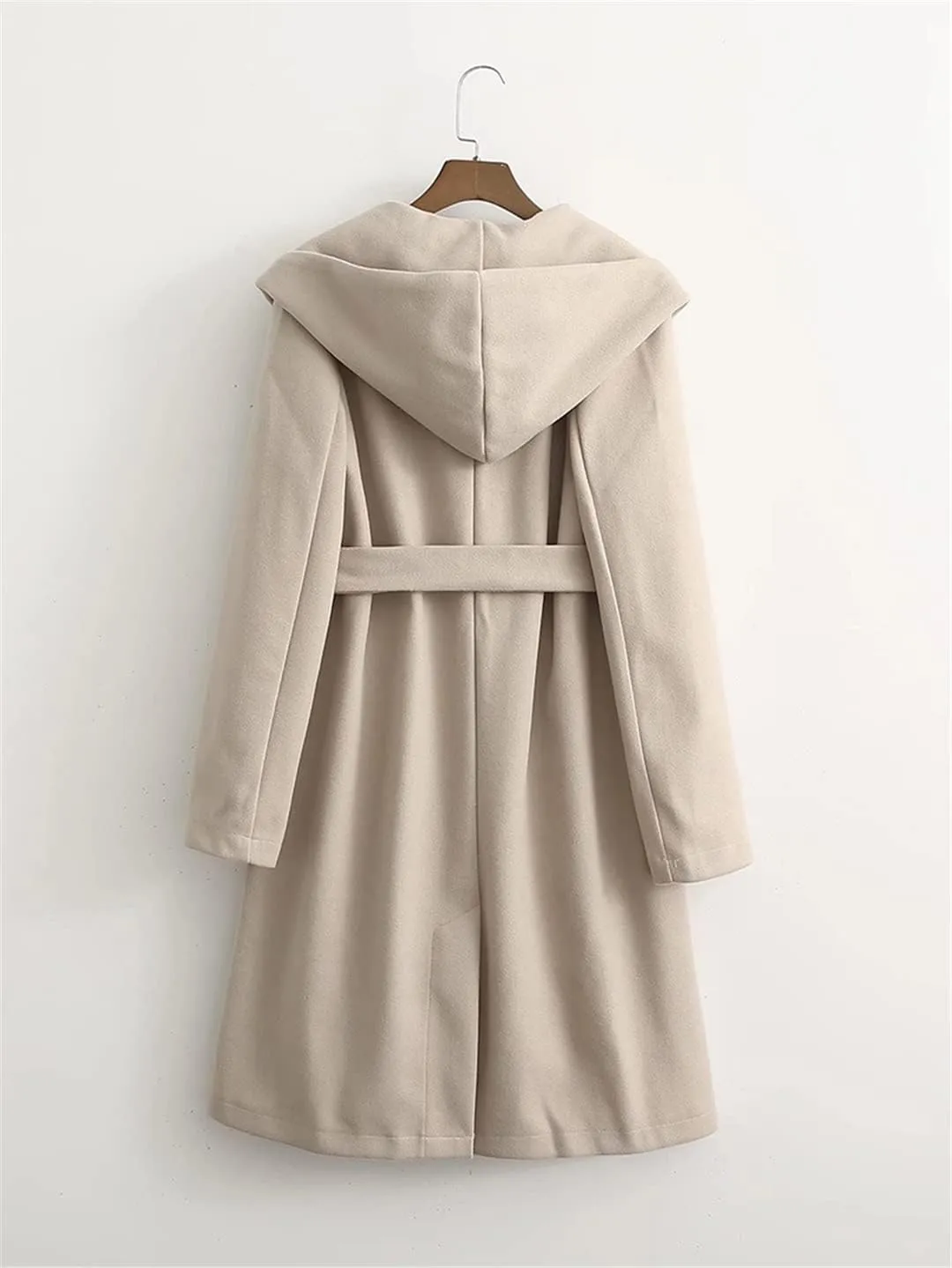 Woman Casual Jacket Autumn Winter Double Breasted Longline Loose Trench Coat Belted Hooded Overcoat Beige