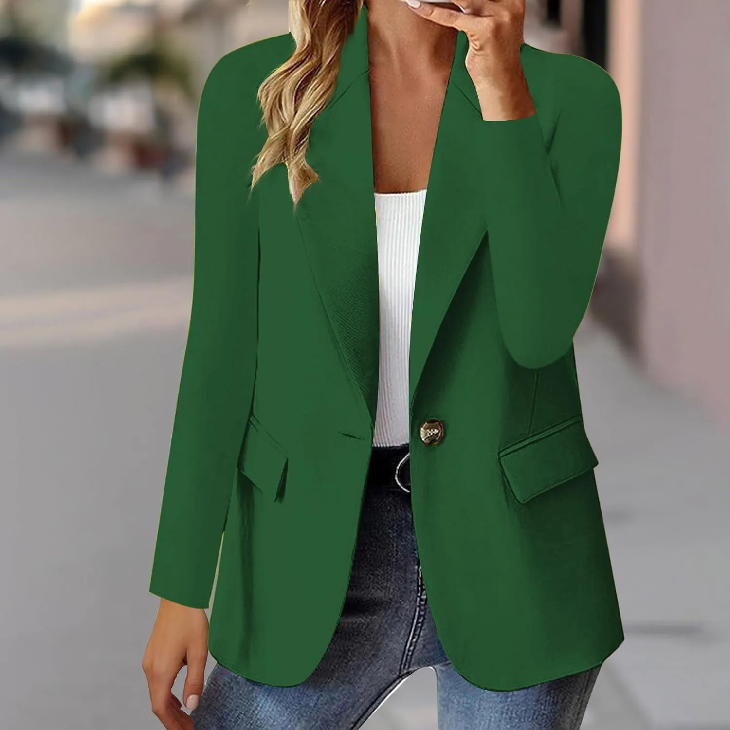 Women's Business Blazer Casual Trendy Lapel Slim Open Front Outerwear Fake Pocket Button Down Lightweight Jacket 2024