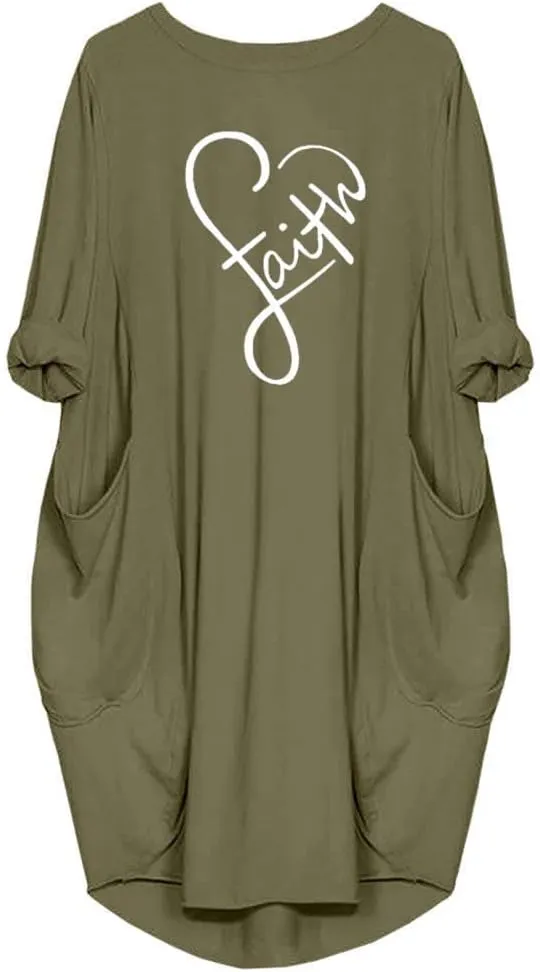 Women's Faith Oversize Baggy T Shirt Causal Loose Party Short Midi Dresses with Pockets