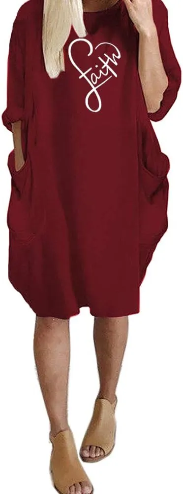 Women's Faith Oversize Baggy T Shirt Causal Loose Party Short Midi Dresses with Pockets