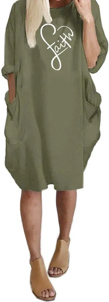 Women's Faith Oversize Baggy T Shirt Causal Loose Party Short Midi Dresses with Pockets