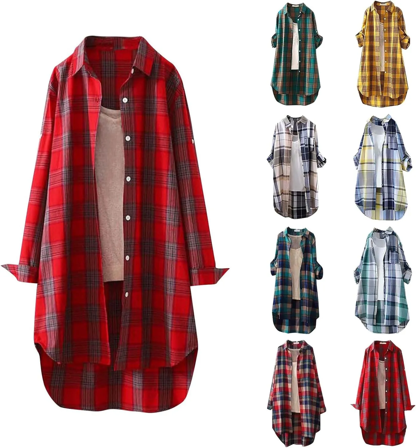 Womens Flannel Plaid Shirts 2024 Fall Long Sleeve Button Down Checked Casual Long Tail Shirt Jacket with Pockets