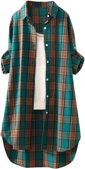 Womens Flannel Plaid Shirts 2024 Fall Long Sleeve Button Down Checked Casual Long Tail Shirt Jacket with Pockets